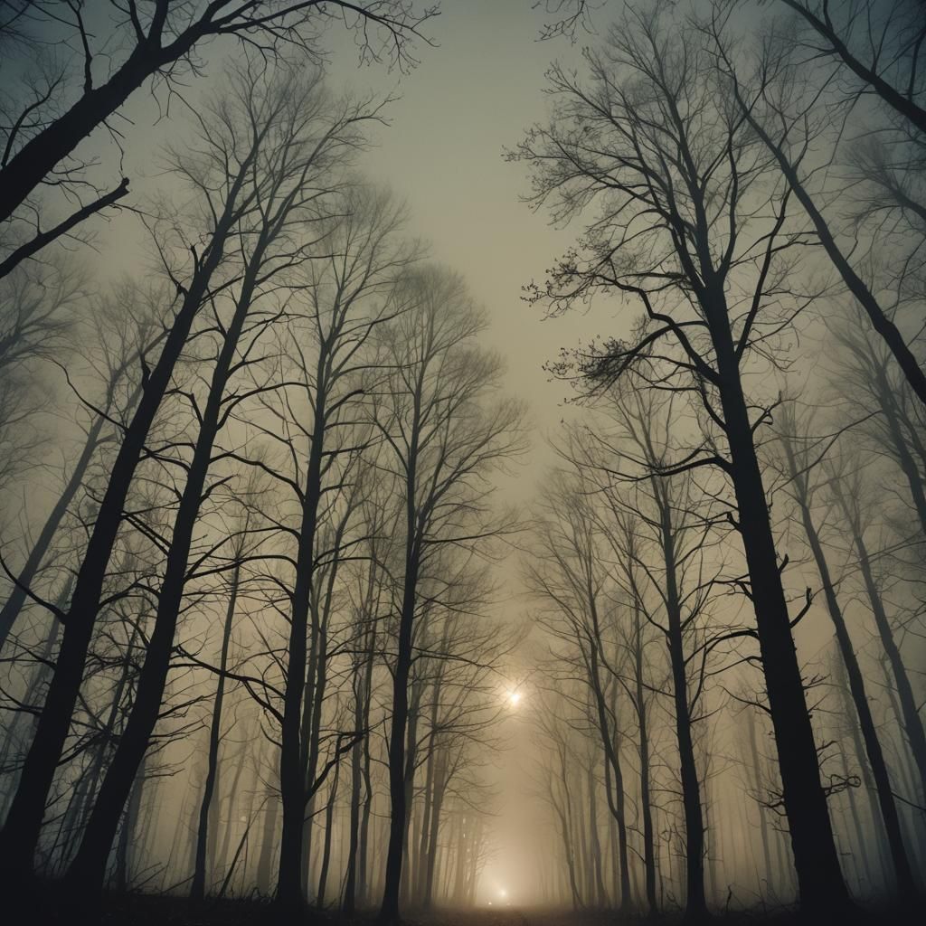 Foggy night in the woods surrealism wide-angle lens vignette filmic