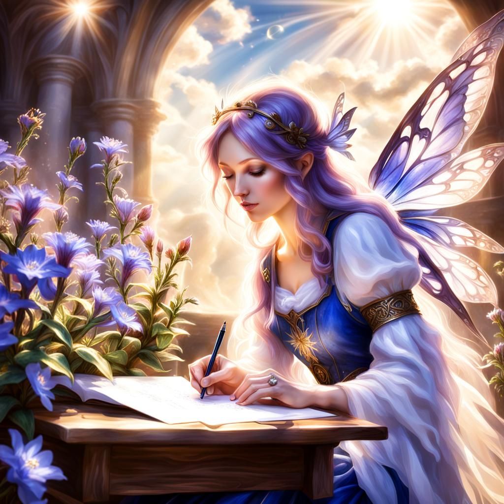 a fairy in her gentian lab writing a postcard