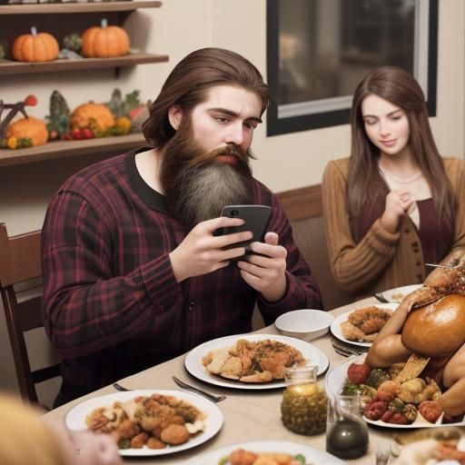 Bearded Man Ignores Family at Thanksgiving Dinner
