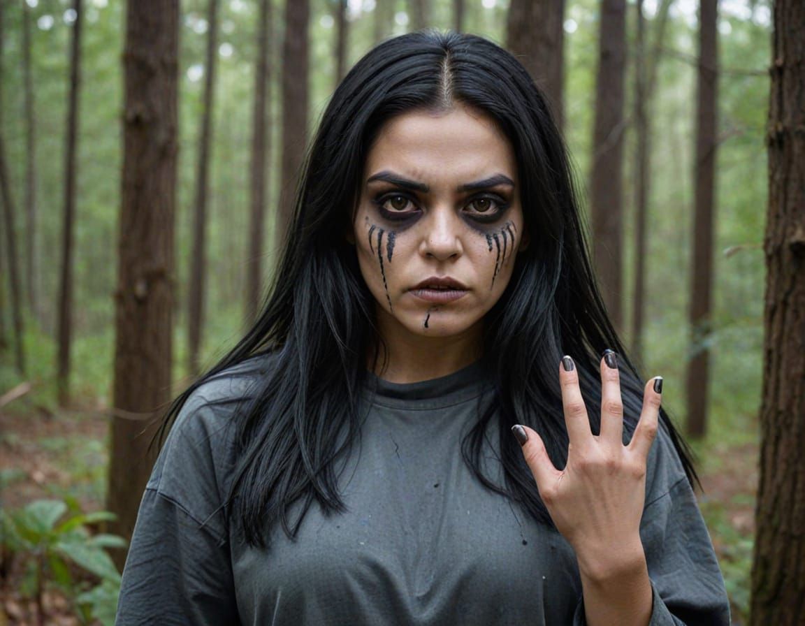 Young stocky Mexican Female zombie with long straight black hair, dark hairy eyebrows, grey skin, small round face, nose...