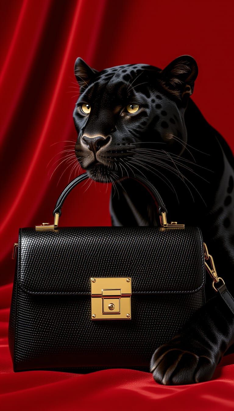 Black Panther and Designer Handbag in Hyperrealistic Style