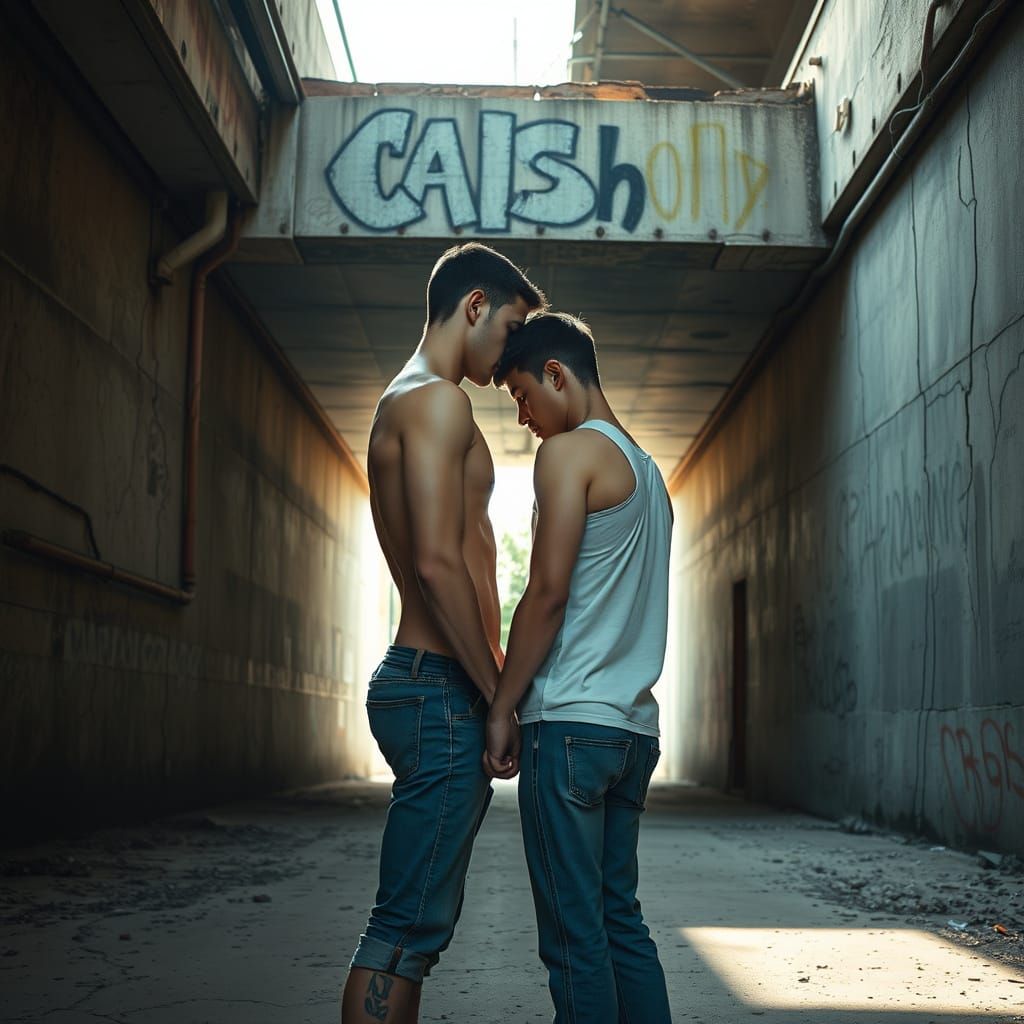 Gay Couple Embrace Under Urban Overpass