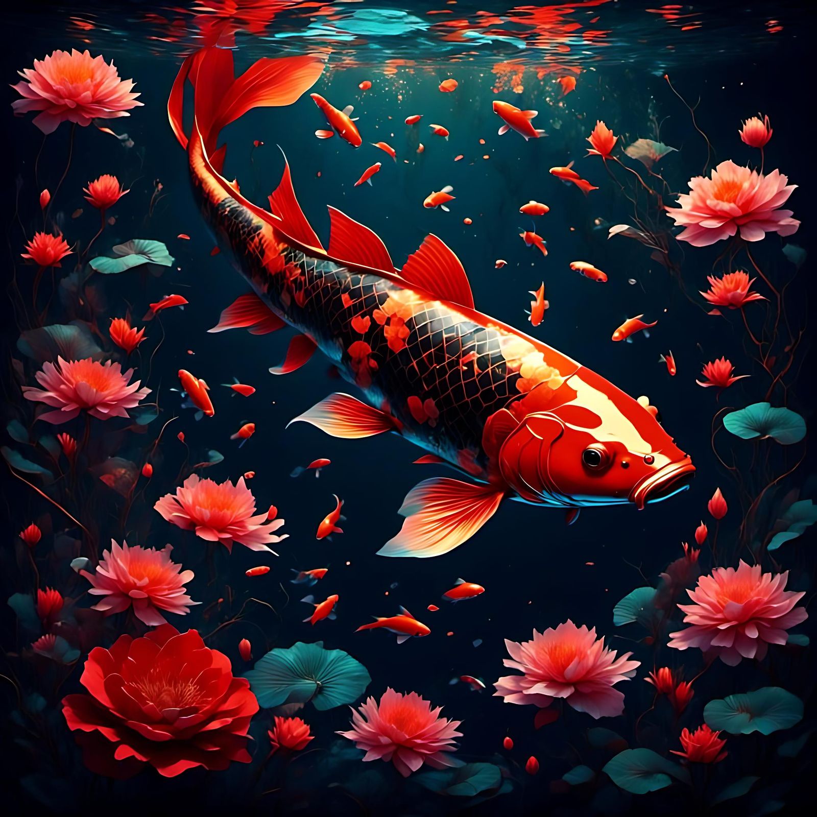 Luminous Koi Fish Swimming in an Infused Pond
