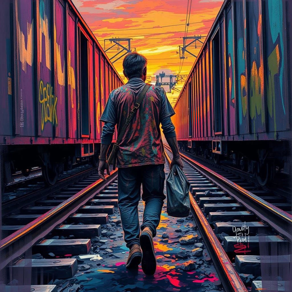 Vibrant Sunset Rail Car Rider in Splendid Street Art Style