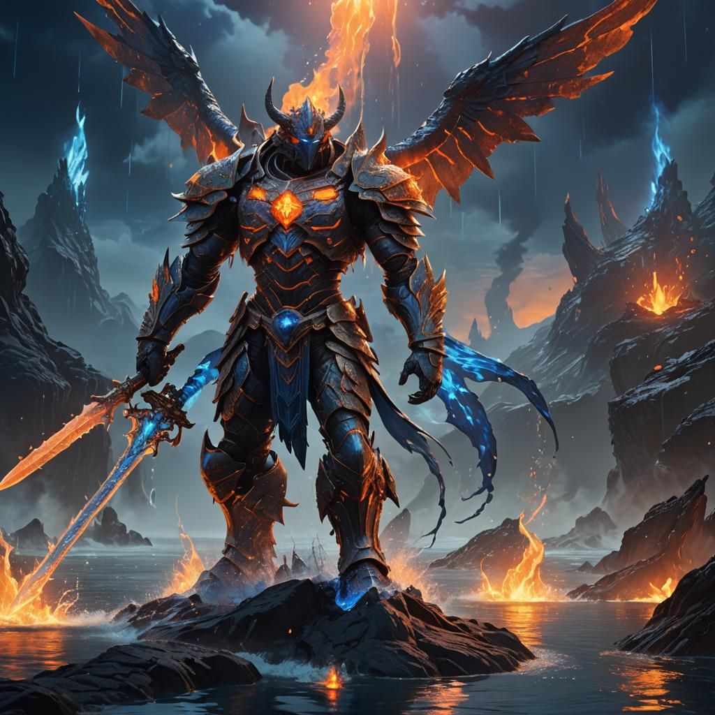 Armored Lava God Walking on Water with Flame Sword