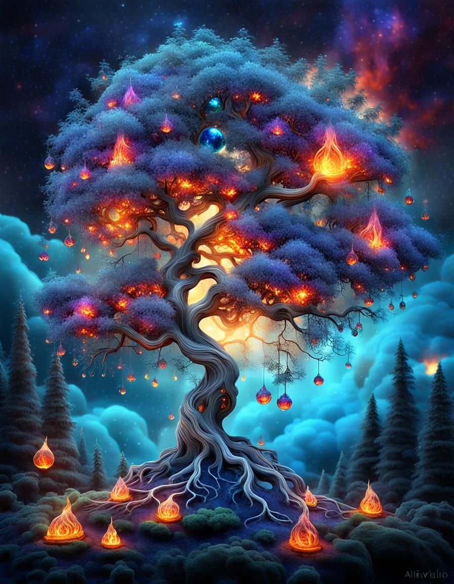 Fiery Crystal Tree Dreamscape in Surrealist Style
