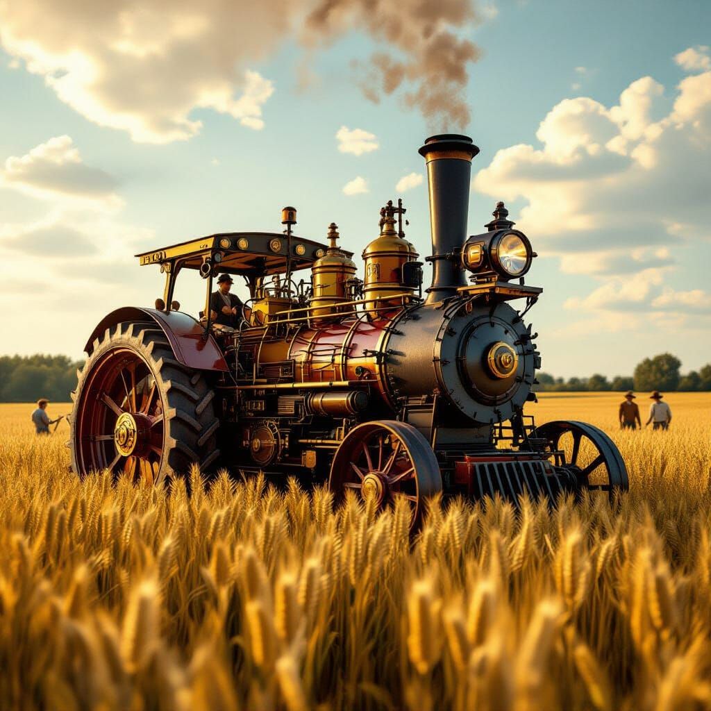 Steampunk Steam Tractor in Sepia Wheat Field