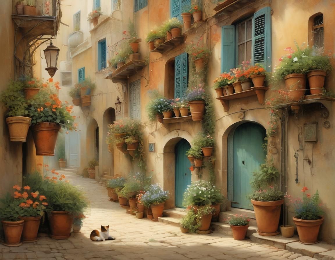 Mediterranean Alley with Flowers and Sleeping Cat