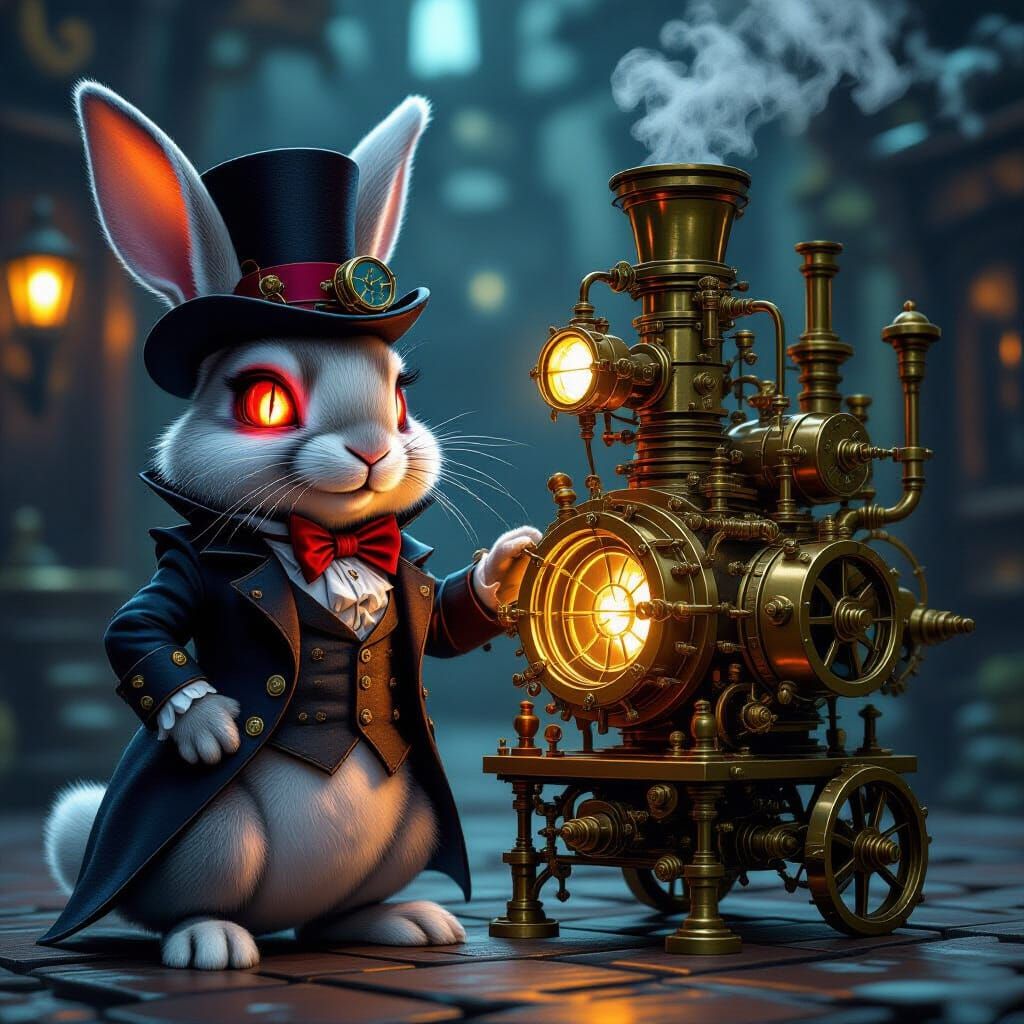 Vampire Rabbit with Steampunk Engine Digital Painting