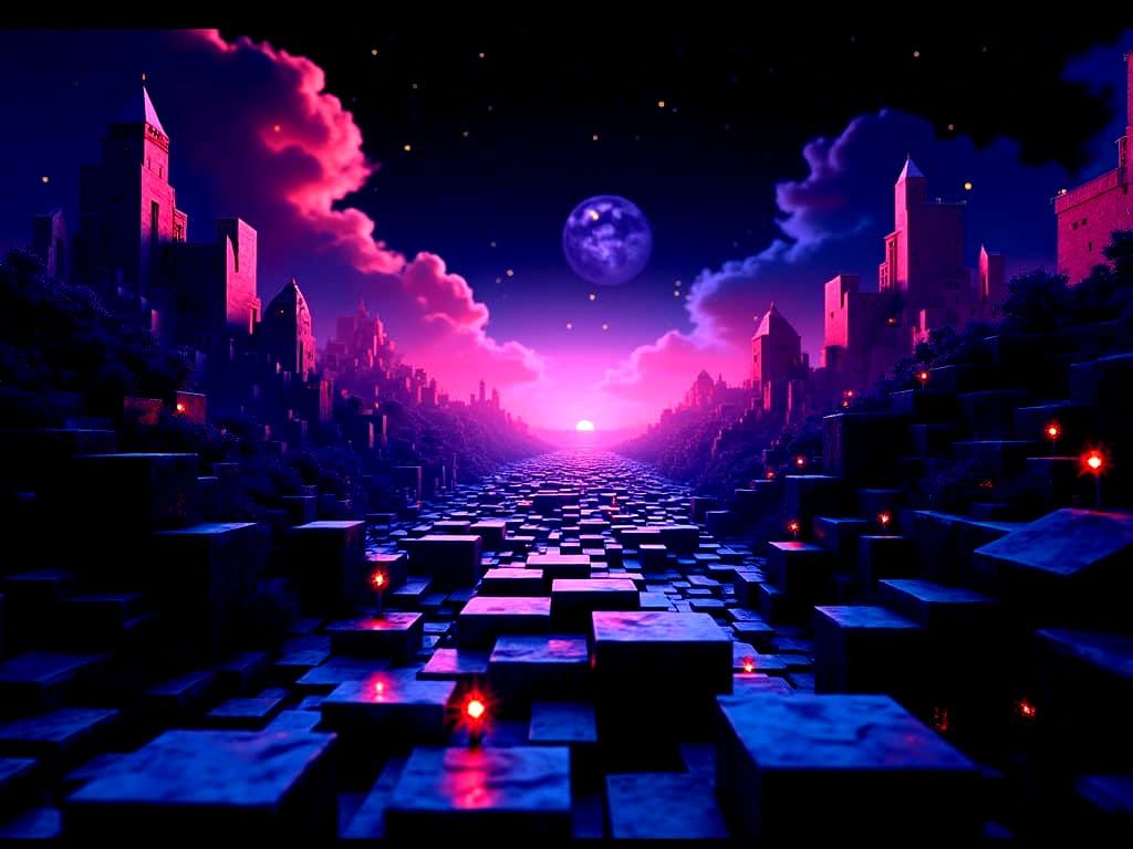 Fantasy landscape made entirely of cubes, black light neon