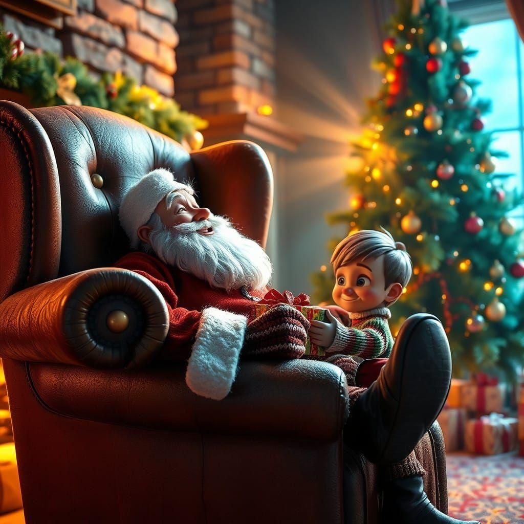 Santa Surprised by Secret Gift Giver in Cozy Winter Scene