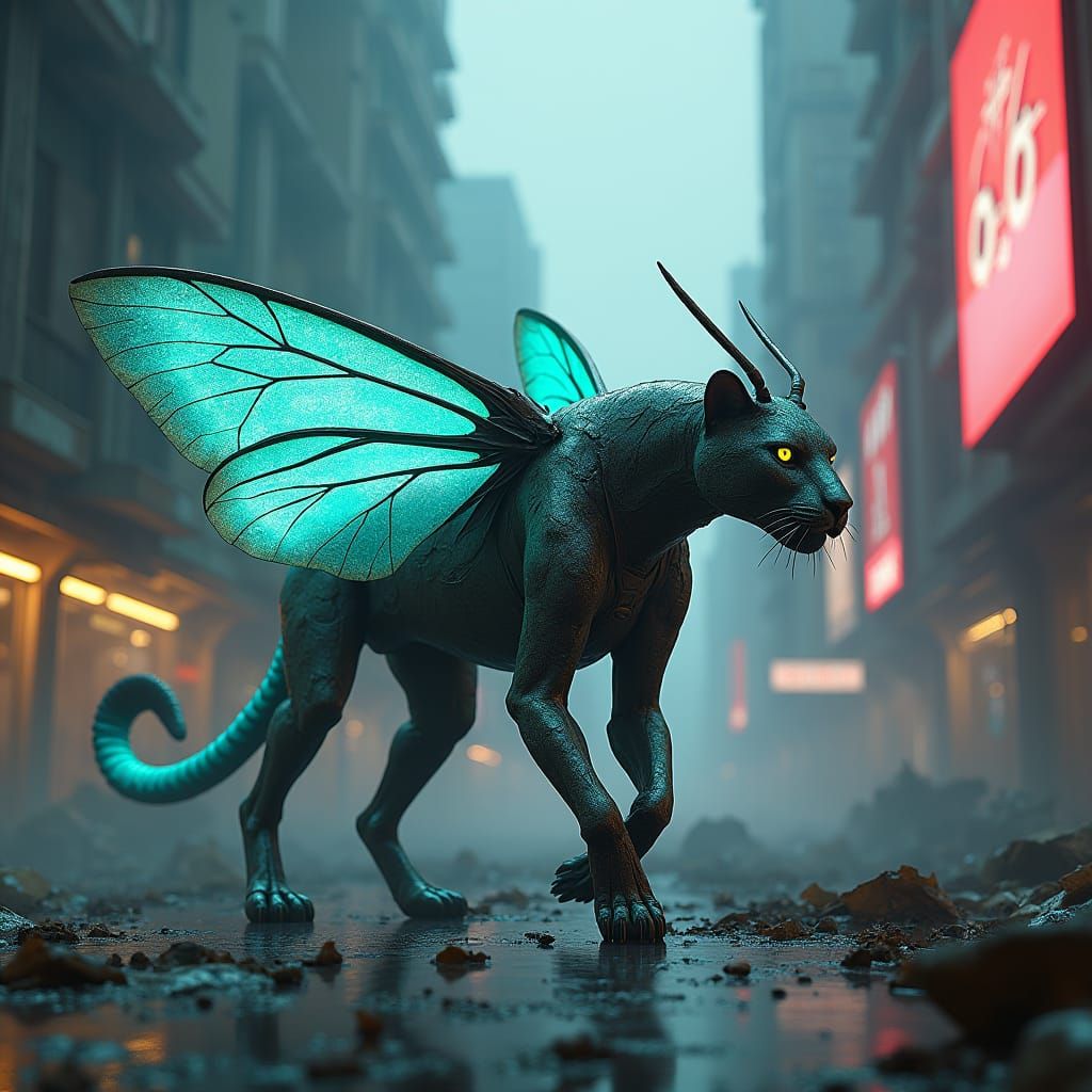 Moth-Leopard Hybrid in Dystopian Cyberpunk City