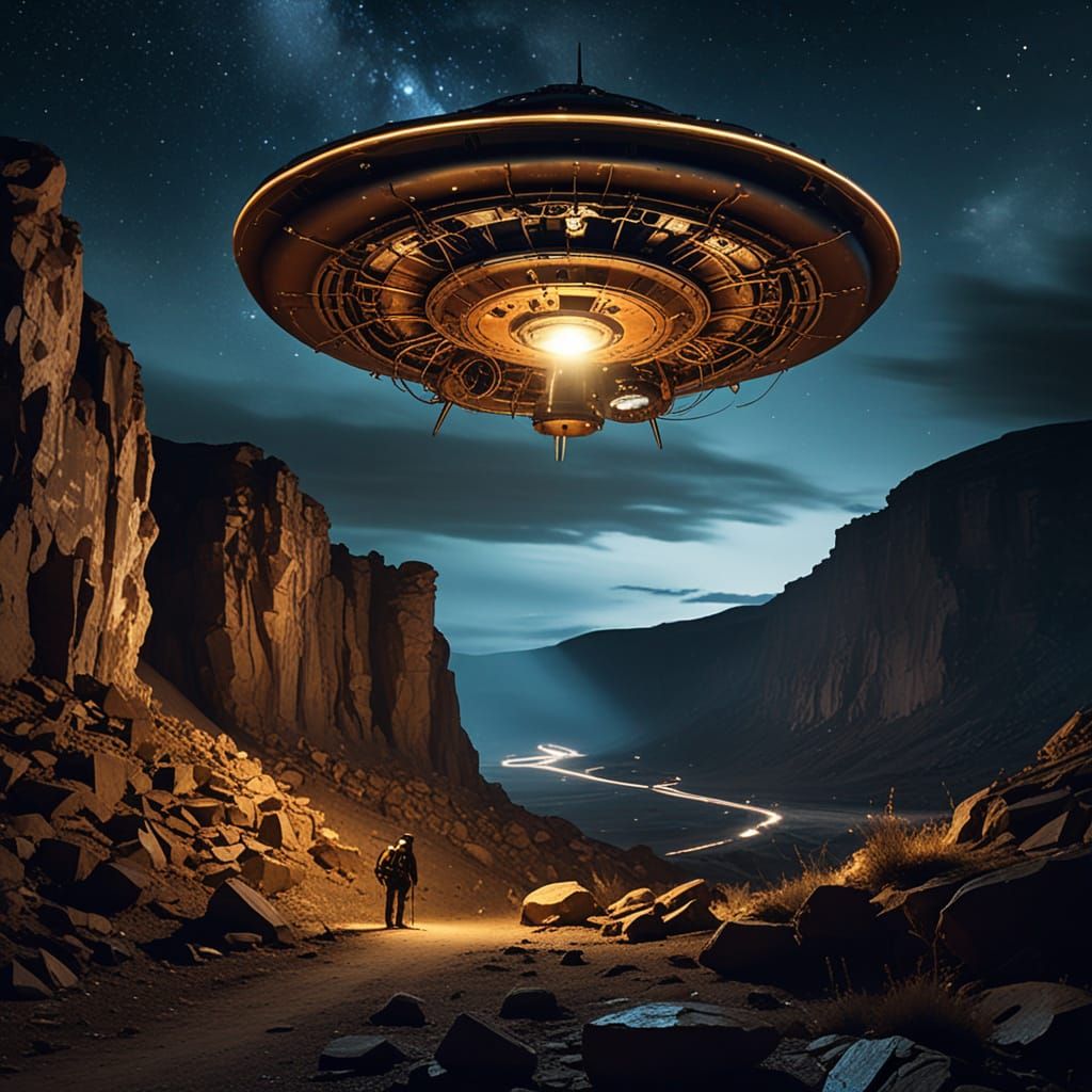 Steampunk UFO Over Rugged Terrain at Night