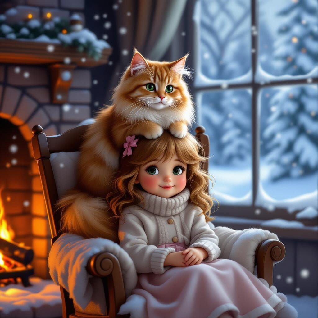 Ginger Cat Sits With Girl by Fireplace