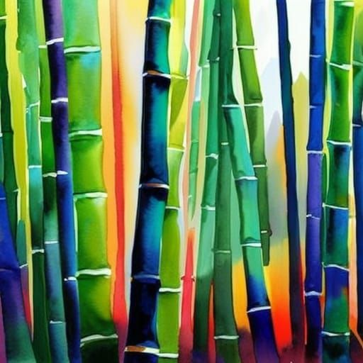 Rainbow Bamboo Forest in Gouache Watercolor Style