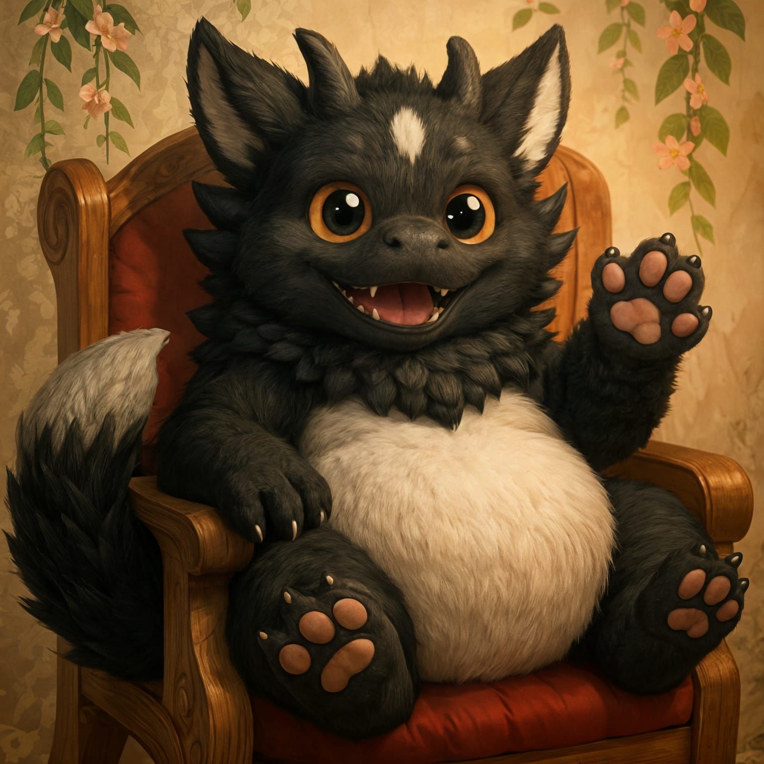Cute Chubby Dragon-Wolf on Throne with Vines