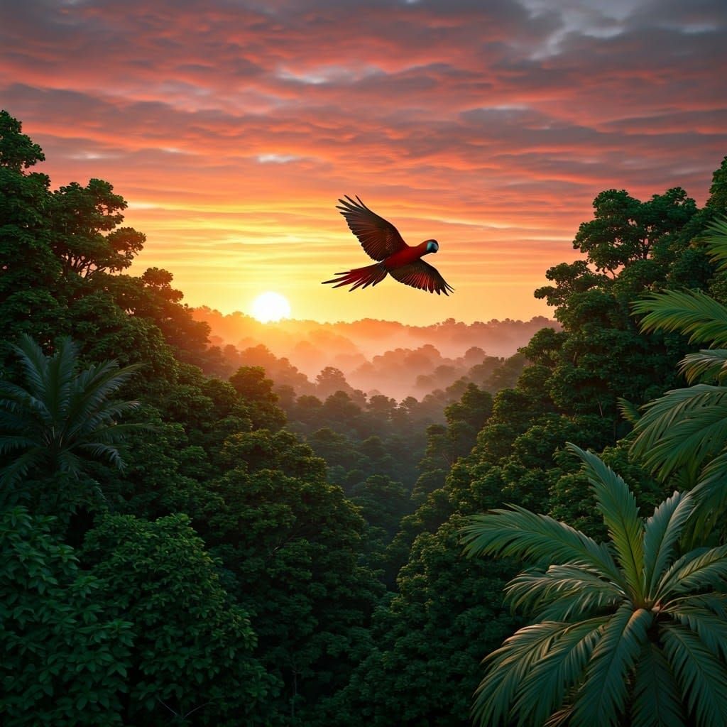 Tropical Dawn with Flying Parrot in Hyperdetailed Style