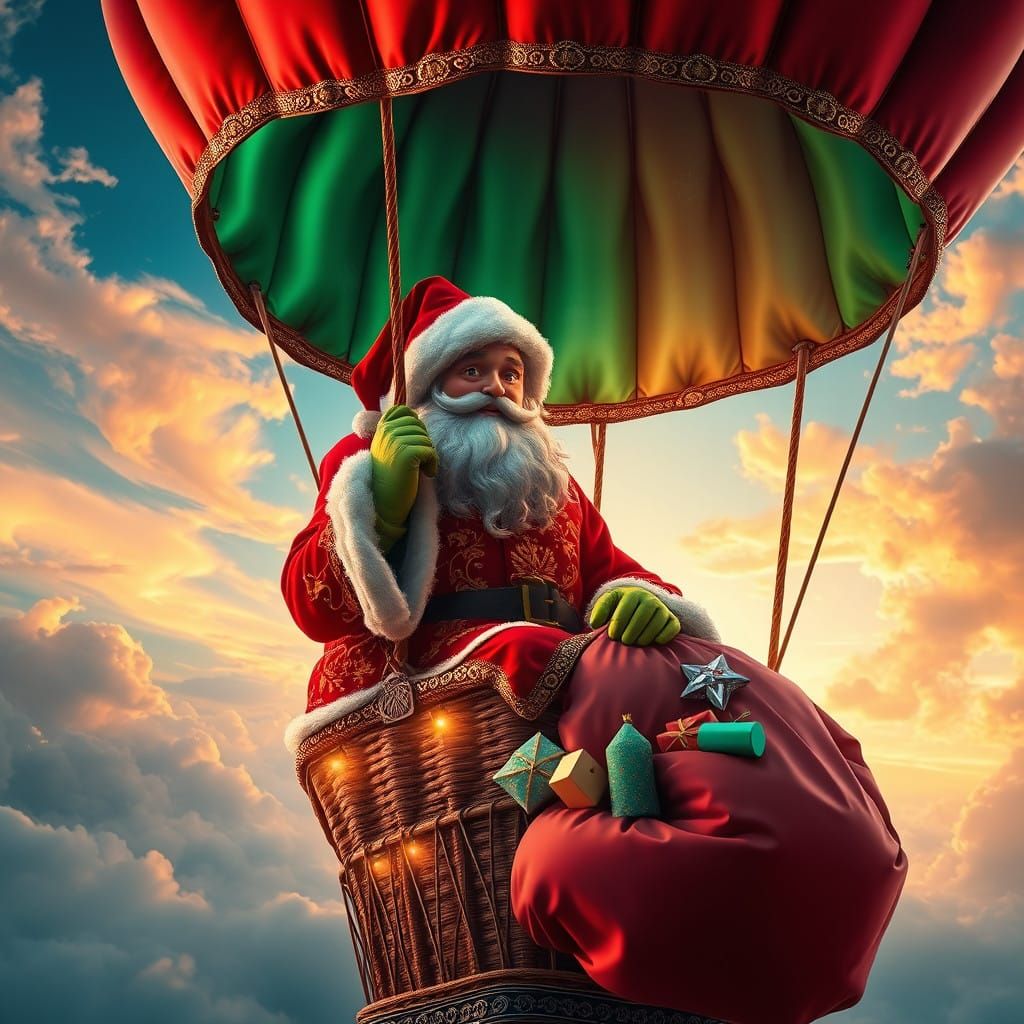 Surrealist Santa Claus Aerial Adventure in Vibrant Hot Air B...