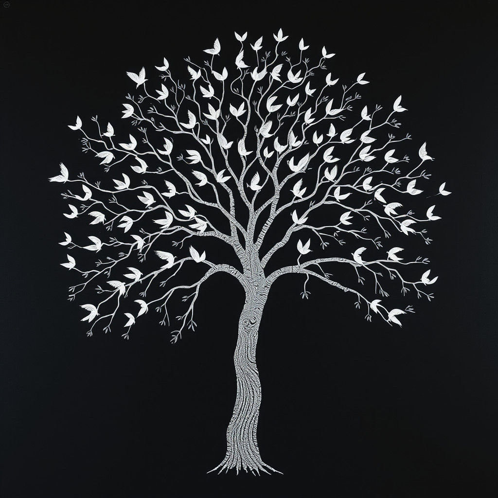Warli Painting: Birds Mirroring Banyan Tree Branches
