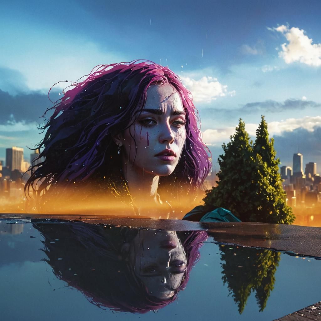 Pop Art: Woman Cries as Sunrise Breaks Over City