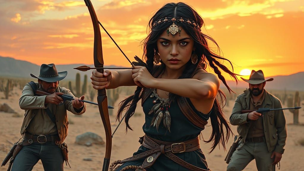 Native American Warrior Girl in Old West Desert Sunset