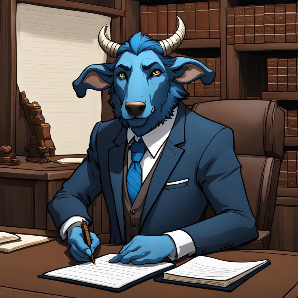 Blue Skinned Firbolg Lawyer with Notepad