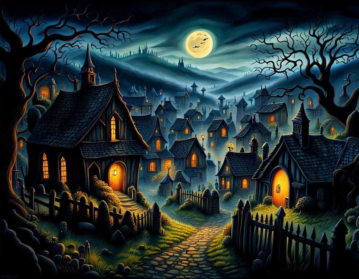 Haunted Village in Misty Mountainside, Gouache Impressionist...