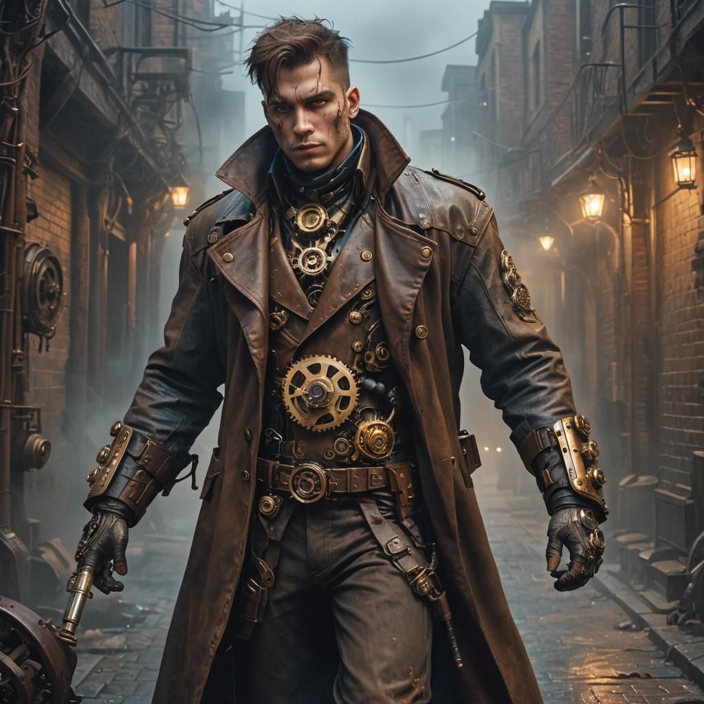 Steampunk Cyborg Assassin in Foggy Alleyway