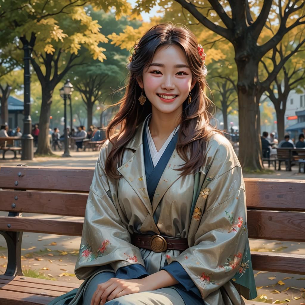 Smiling Korean Woman Portrait in Park, Hyperdetailed Art