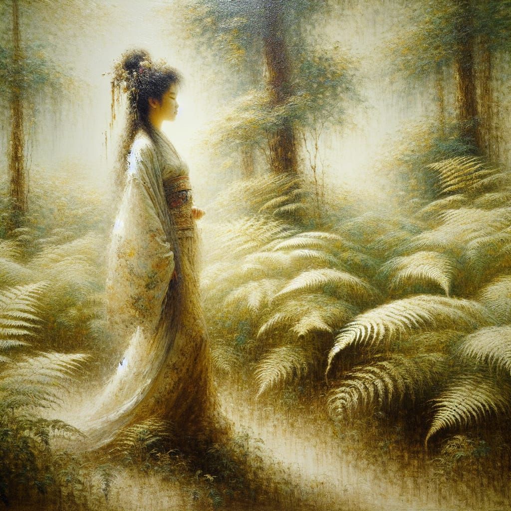 Ethereal Spring Goddess Strolls Through Fern Forest
