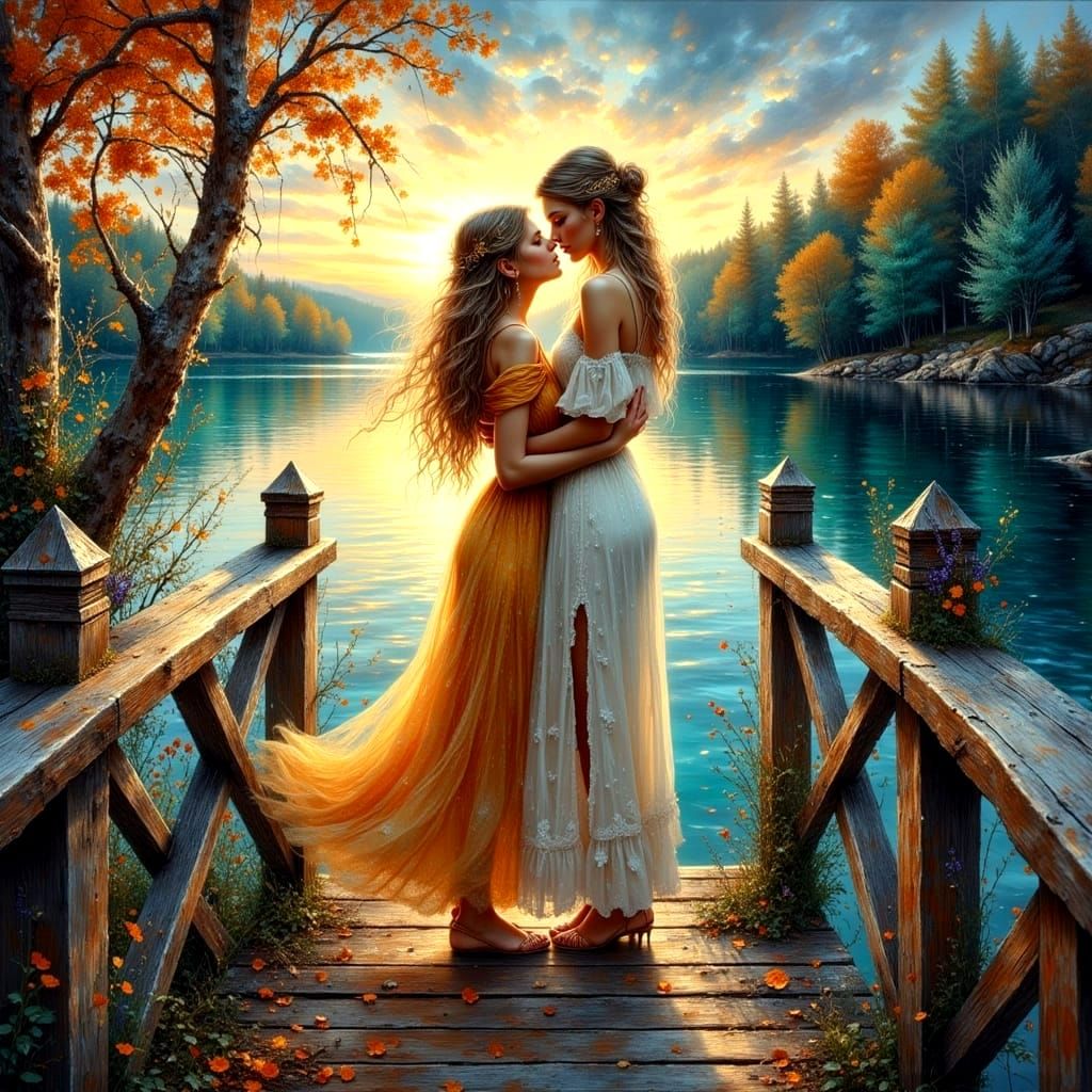 Romantic Lakeside Scene in Impasto Ink Style