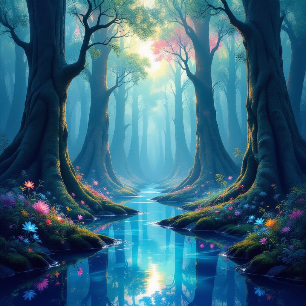 Dreamlike Forest of Nebulae Trees in Abstract Style