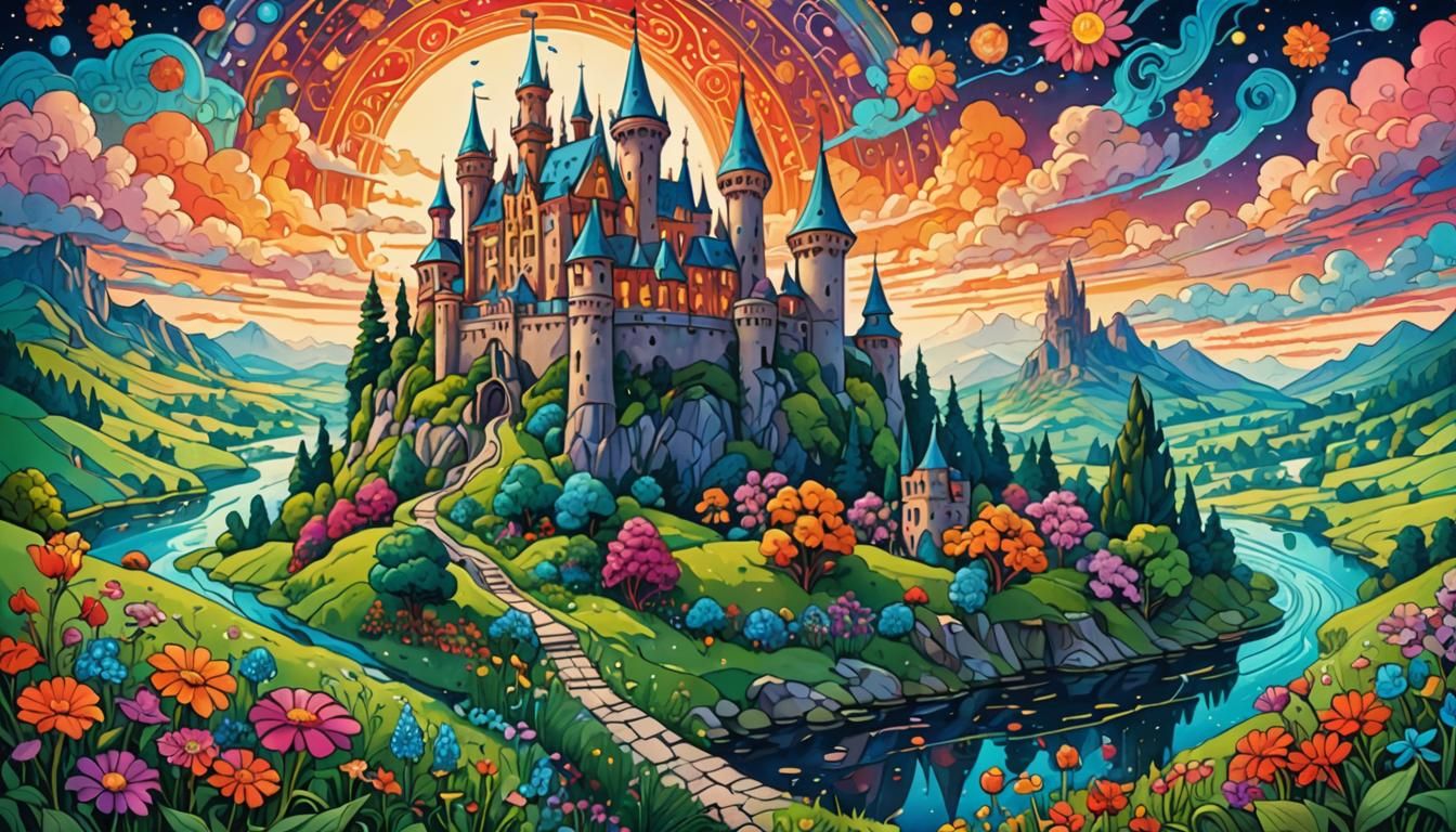 a fairy tale landscape with a large magic castle on a hill