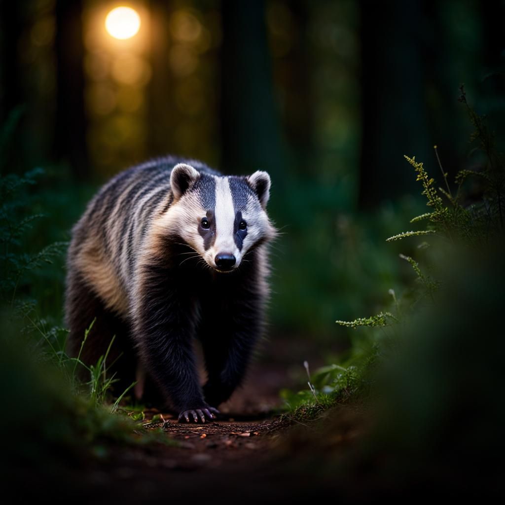 Badger on Forest Path in Moonlight