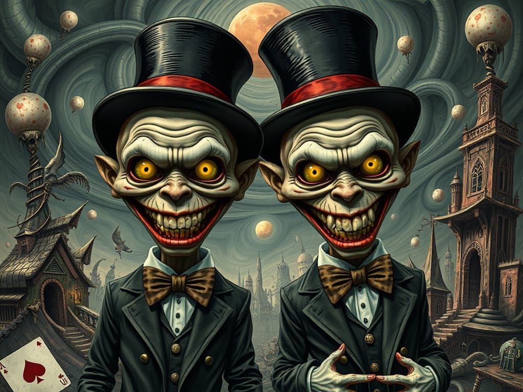 Grotesque Tweedledum and Tweedledee in a Surreal Dreamscape