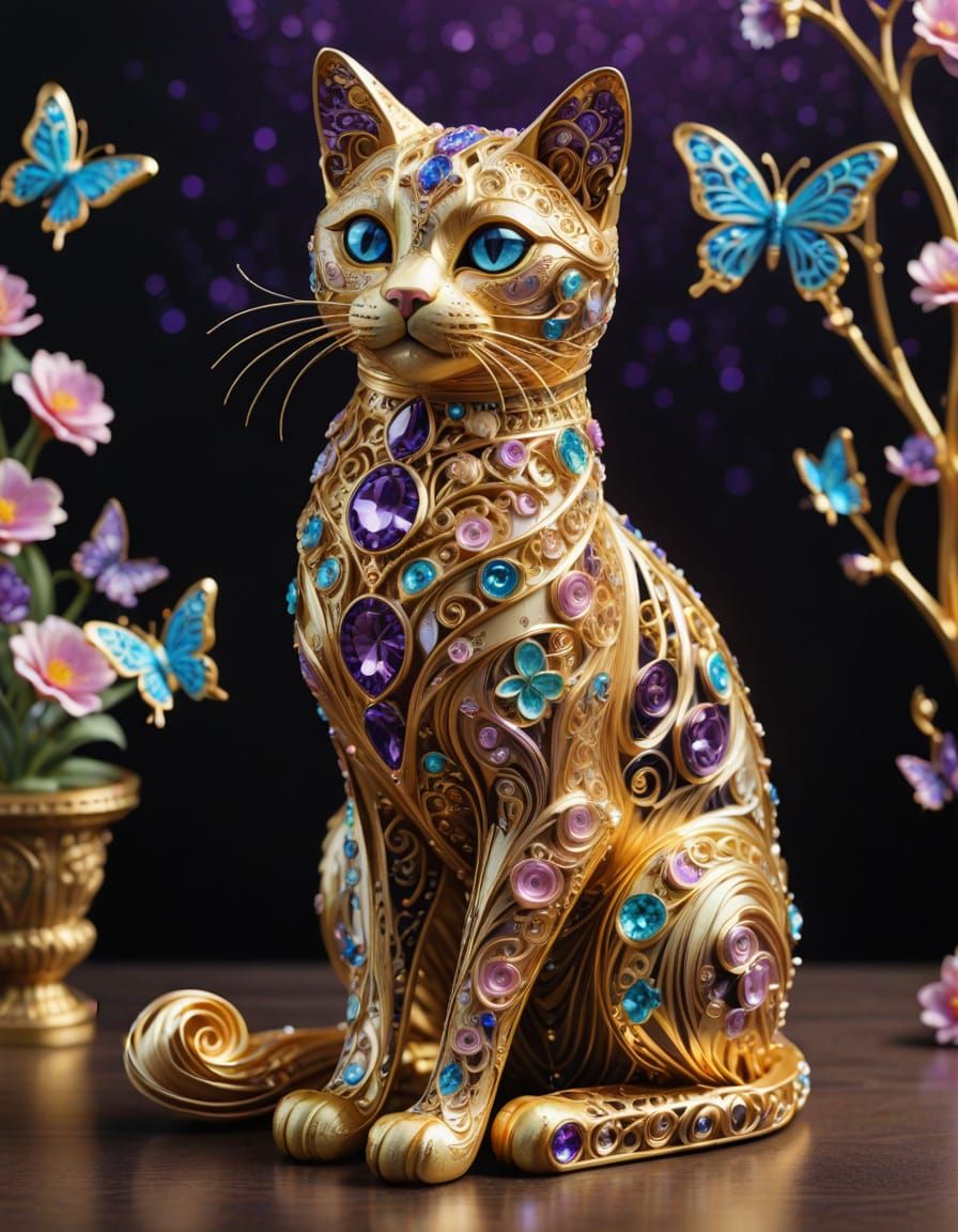 Elegant Golden Cat Statue with Glowing Jewels and Butterflie...