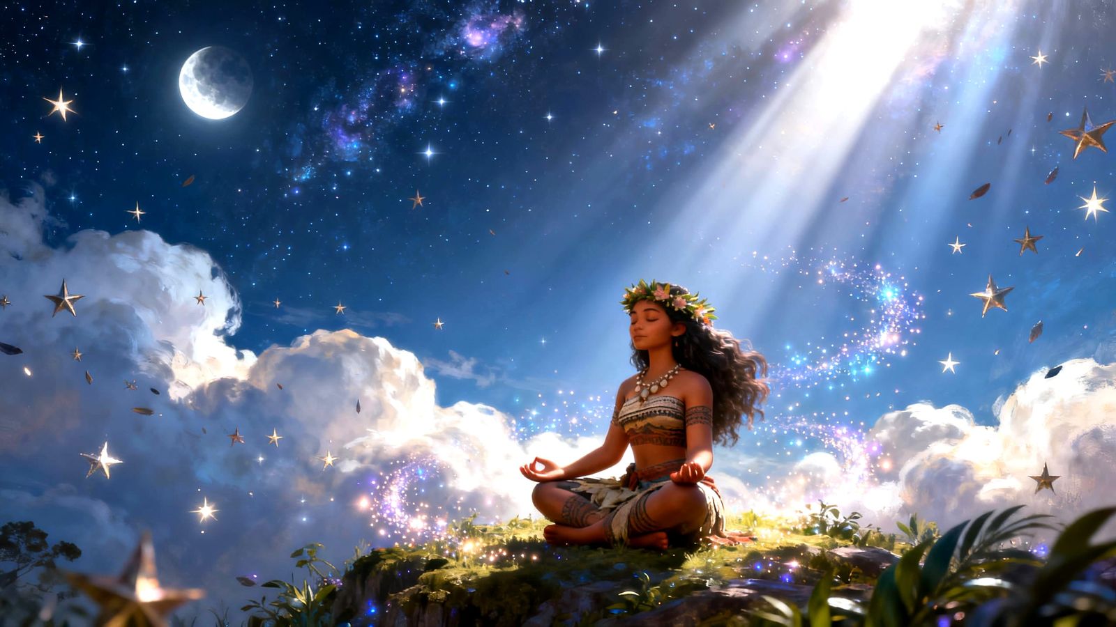 Lina Poe Meditating in Harmony with Nature Under a Starry Ni...