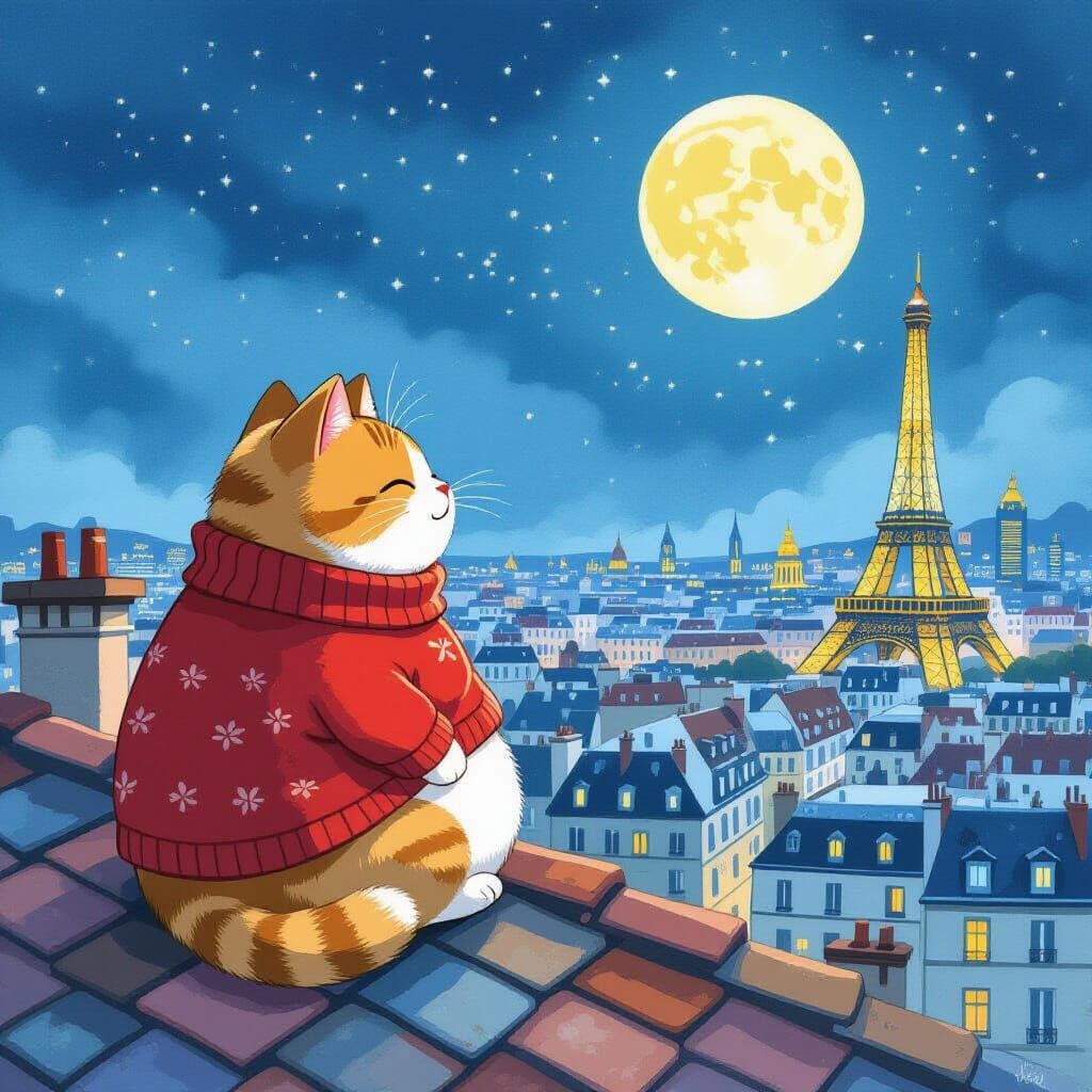 Chubby Cat Over Paris in Ghibli Style
