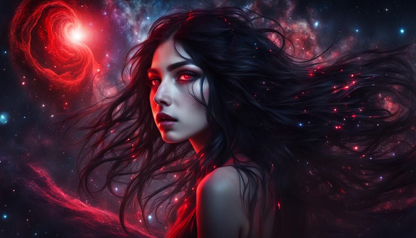 Enchanting Cosmic Girl with Red Eyes