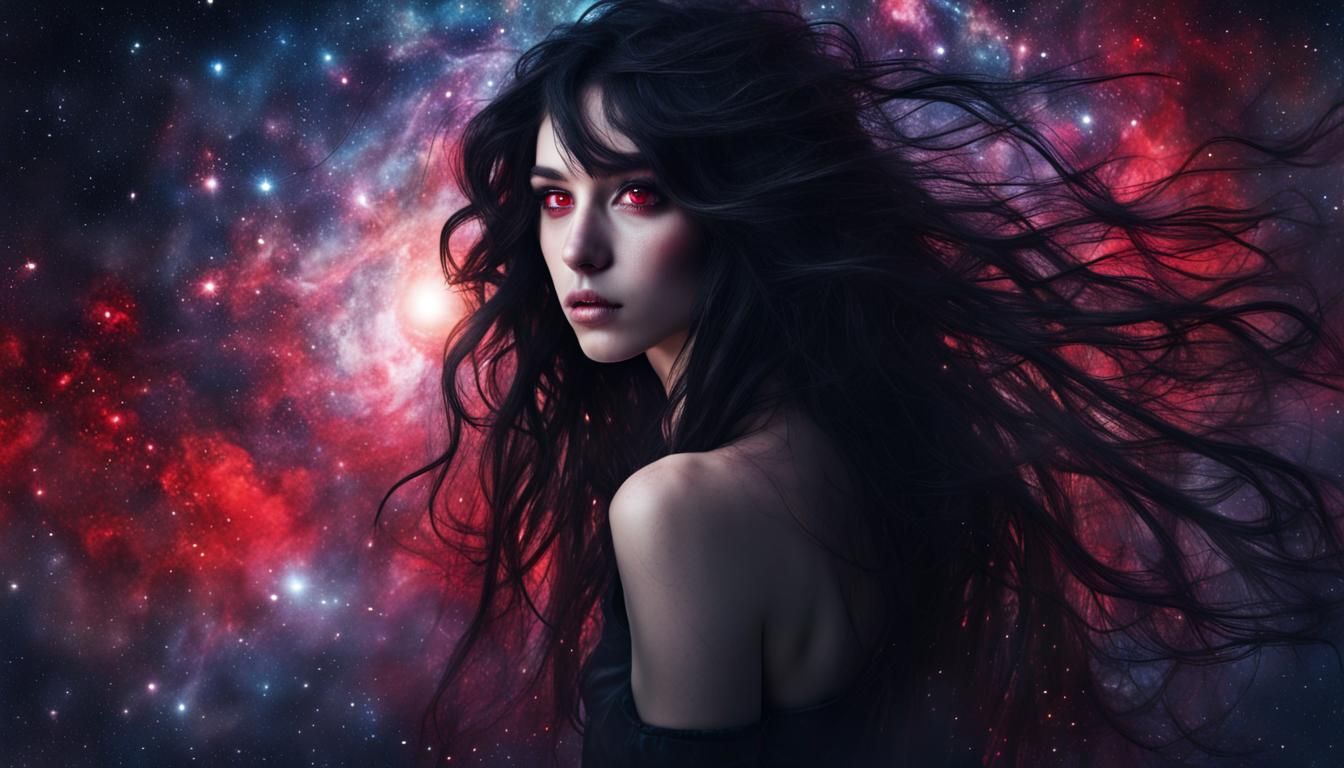 Enchanting Cosmic Girl with Red Eyes