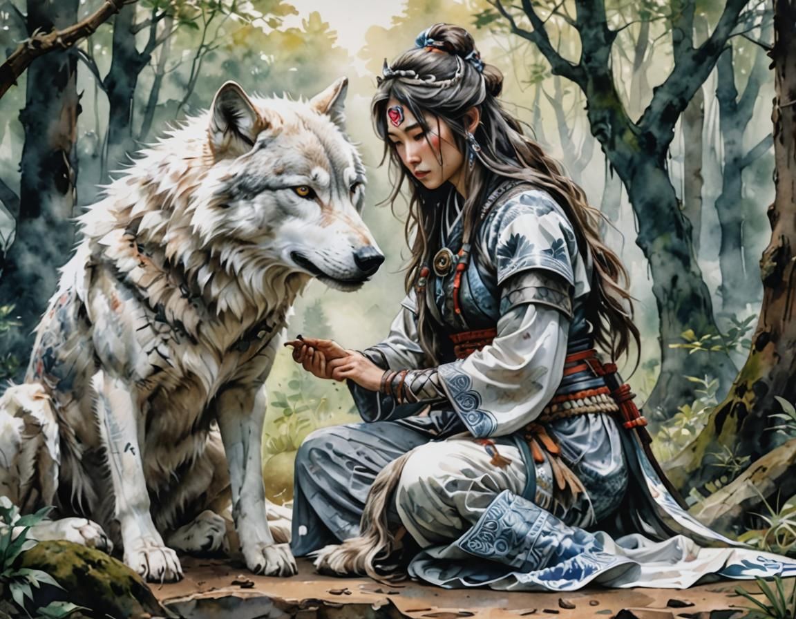 oil tinting of a beautiful Female kneeling wolf, caressing the wolf's face
