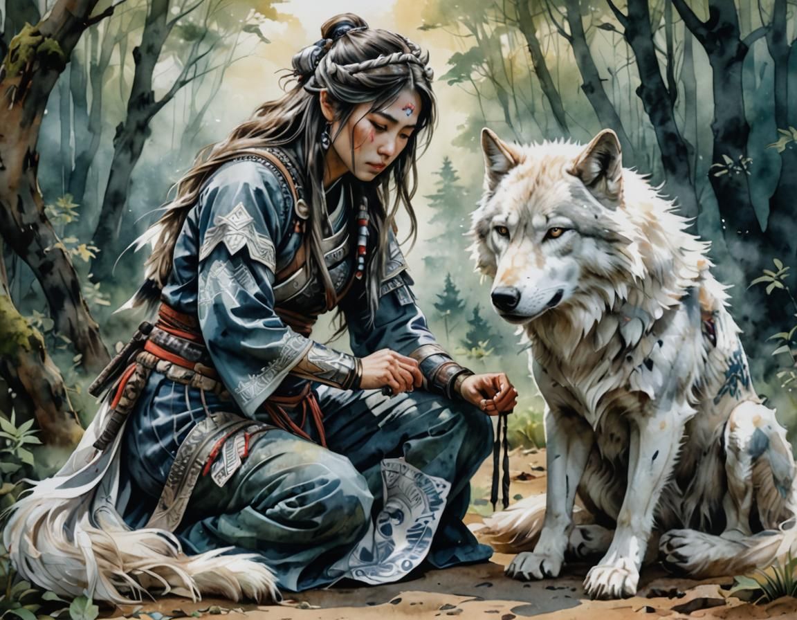 oil tinting of a beautiful Female kneeling wolf, caressing the wolf's face