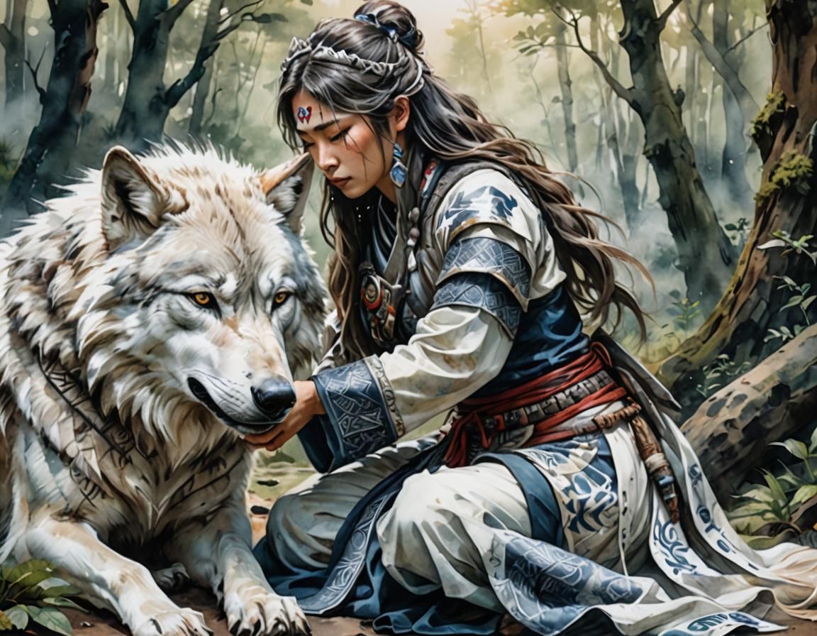 oil tinting of a beautiful Female kneeling wolf, caressing the wolf's face