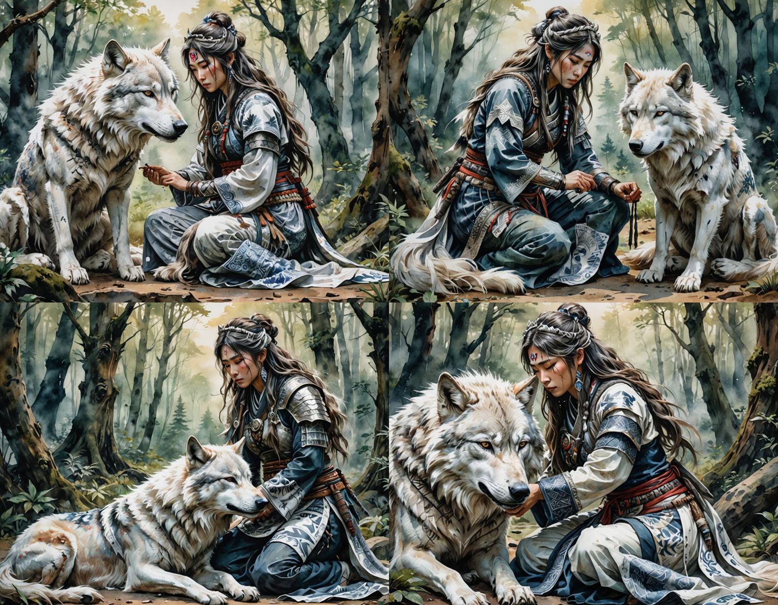 oil tinting of a beautiful Female kneeling wolf, caressing the wolf's face