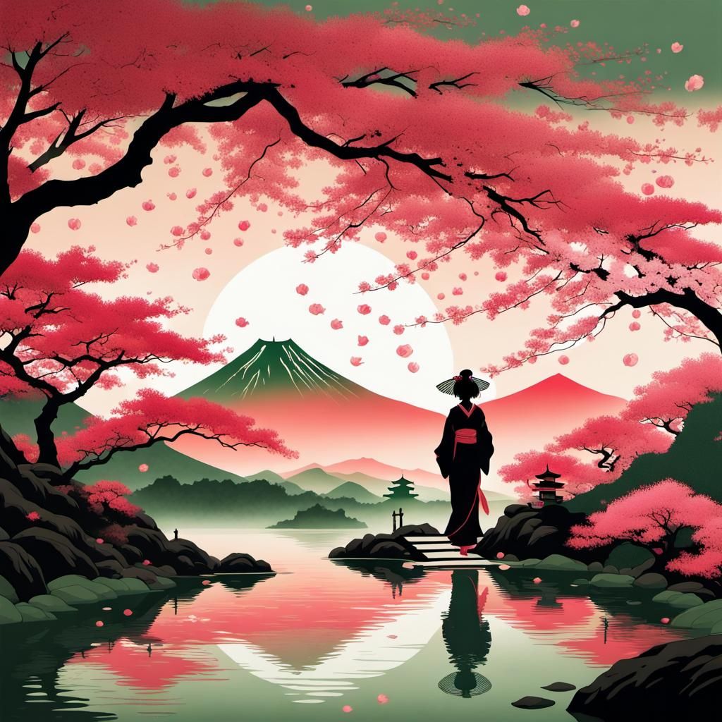 Geisha Silhouette Amidst Blossoming Japanese Scenery