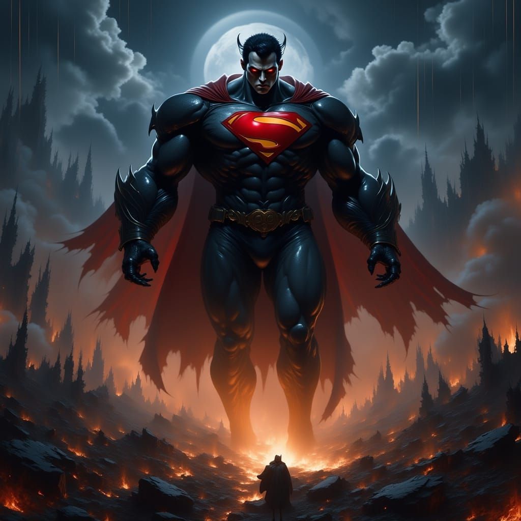 Sinister Superman Caricature Soars Over Ruined Cityscape