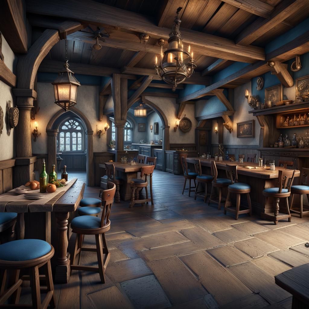 1st person view inside a medieval Inn & tavern serving food, detailed matte painting, deep color, fantastical, intricate...