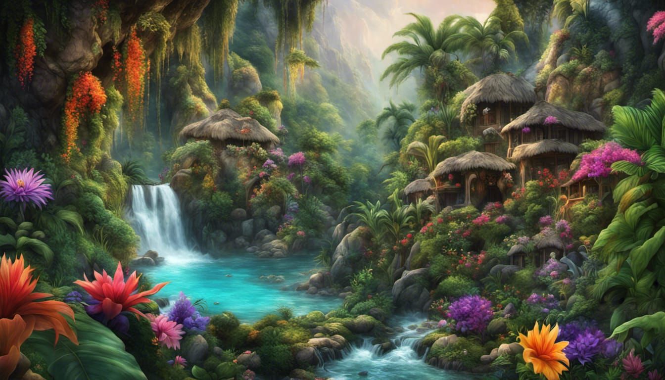 Exotic Jungle Scene with Waterfall in Photo-realistic Style