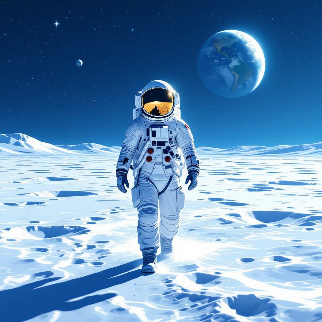 Astronaut Walks on the Moon in Dreamy Sci-Fi Style