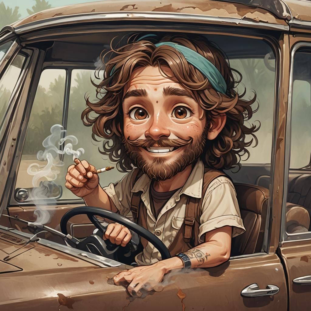 Happy Hippie Chibi Men in 1960s Chevy, 3D Render